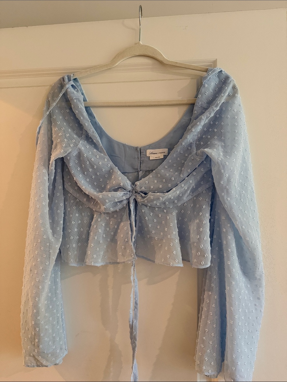Lovers + Friends Light Blue Swiss Dot Tie-Front Blouse